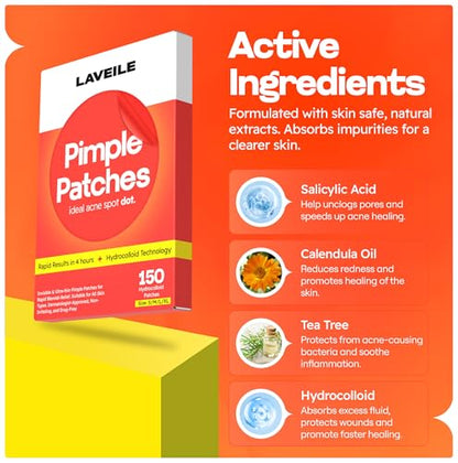 Laveile Spot Patches 150 Count - 4 Sizes Hydrocolloid Pimple Patches for Breakouts - Fast Acting Acne Patches with Salicylic Acid, Tea Tree & Calendula oil - Invisible Spot Dots for Blemishes